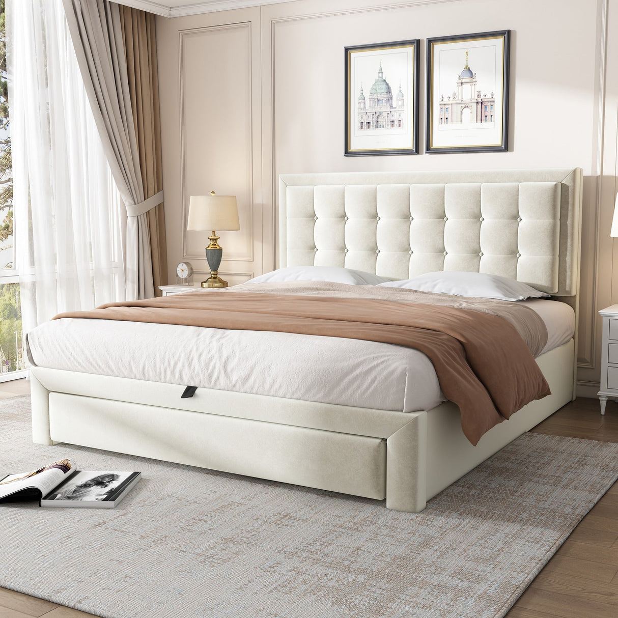 Upholstered Bed Double 4ft6 (135x190cm) with Storage, Slats & Headboard, Velvet Cream