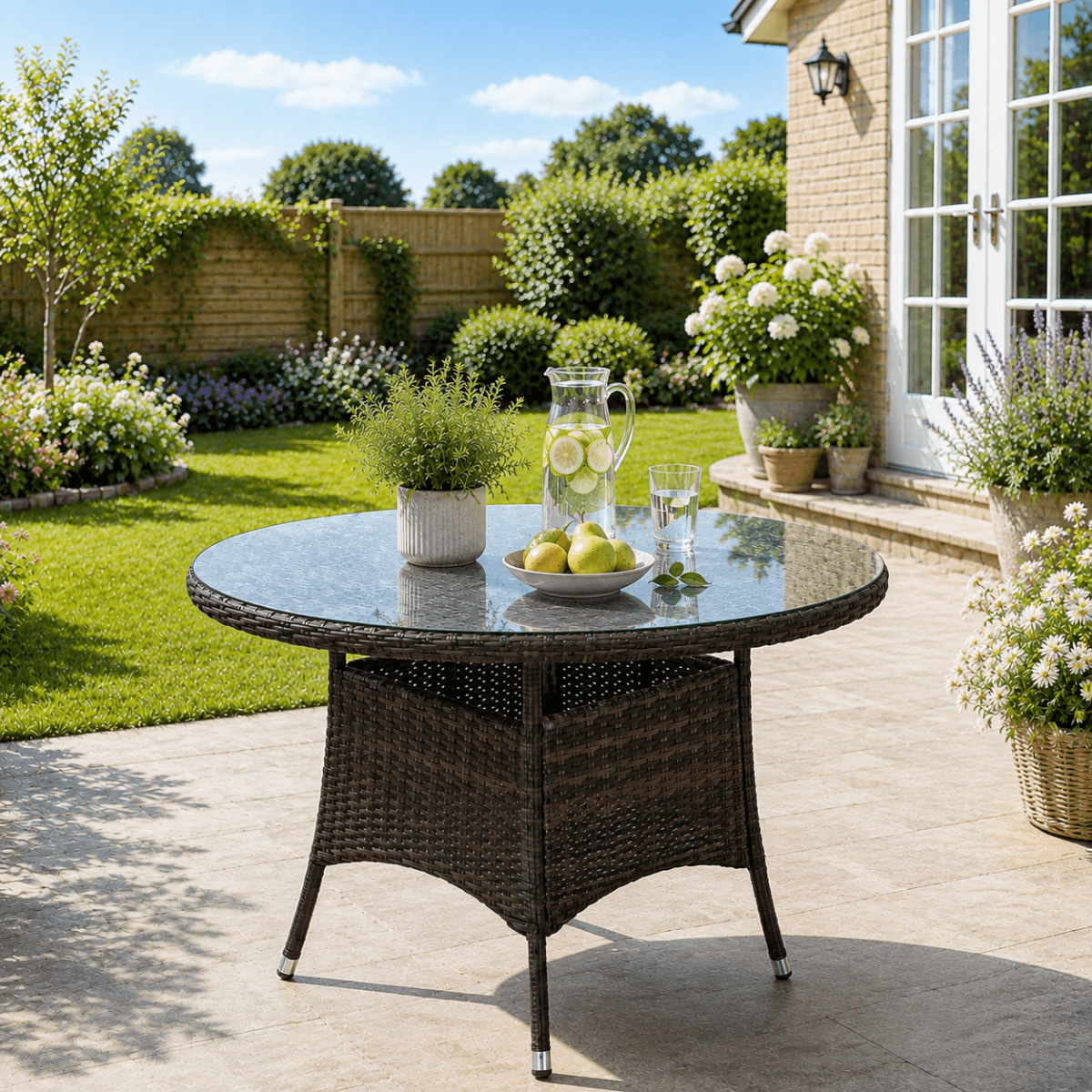 4 Seater Round Rattan Outdoor Dining Table - Garden Patio Dining Table
