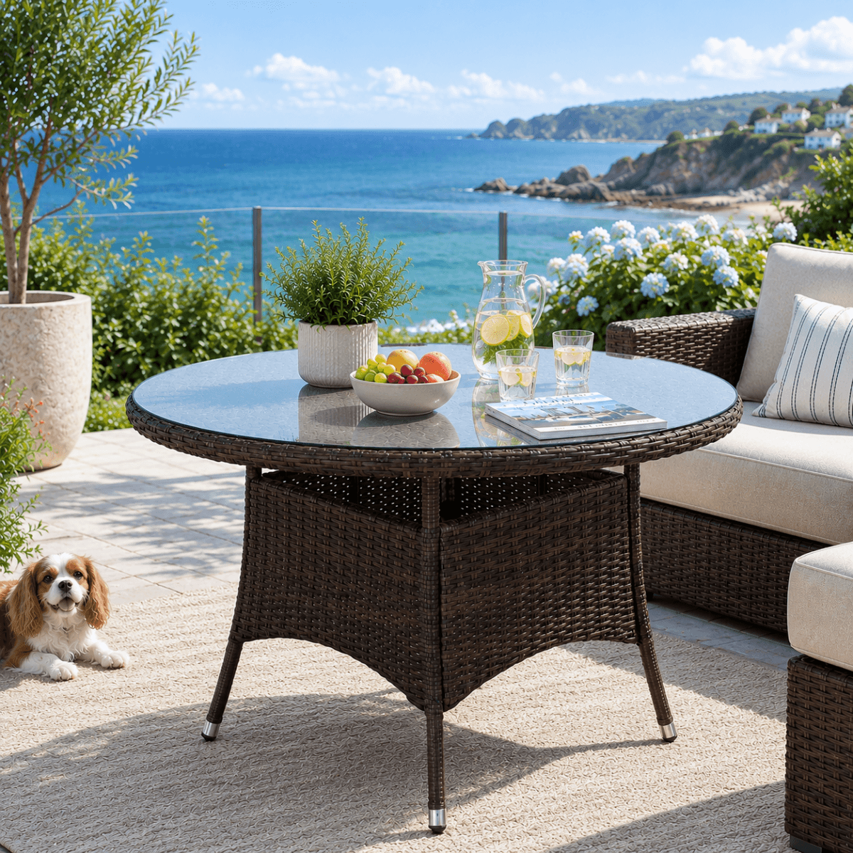 4 Seater Round Rattan Outdoor Dining Table - Garden Patio Dining Table