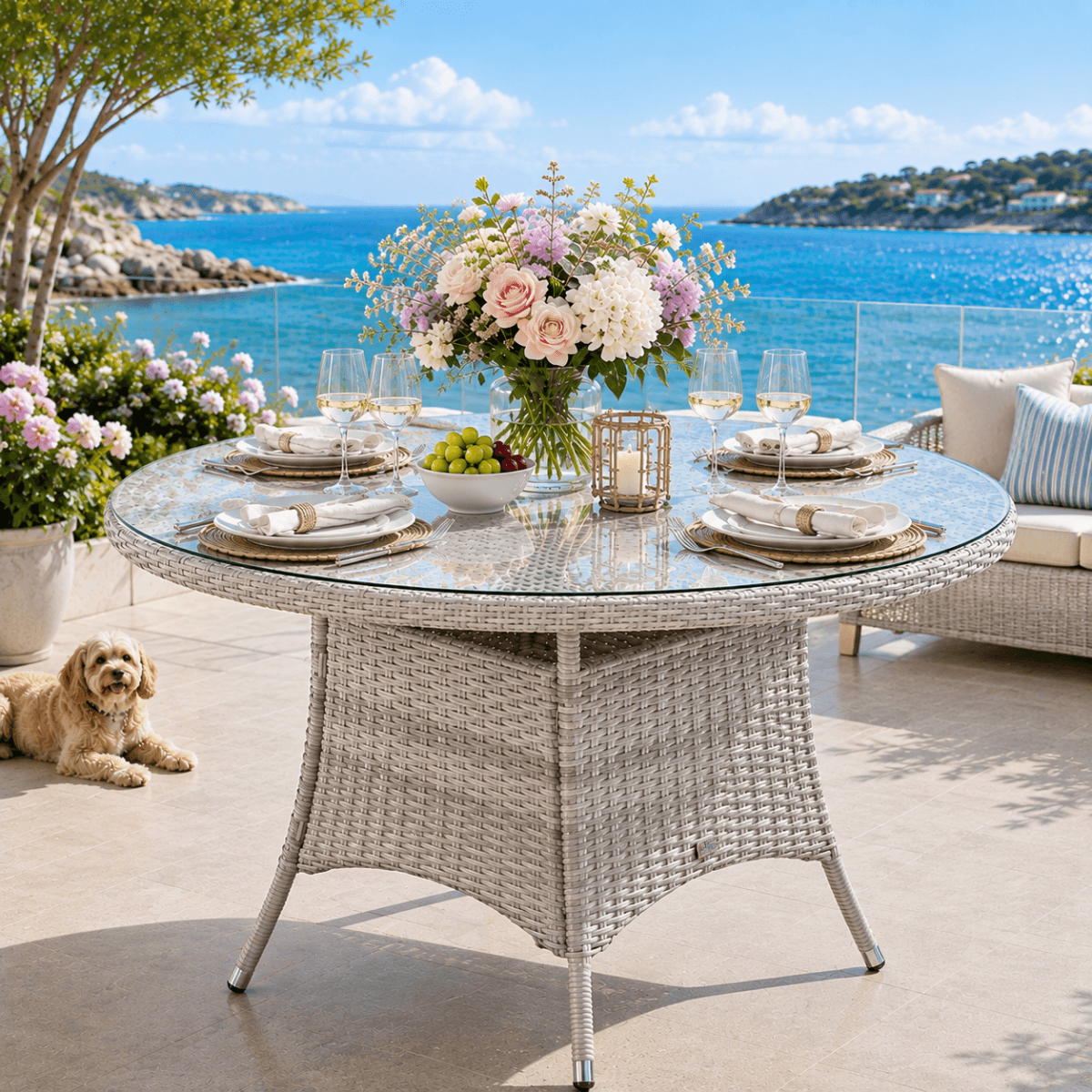 4 Seater Round Rattan Outdoor Dining Table - Garden Patio Dining Table