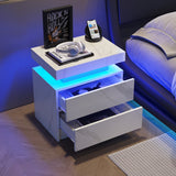 Nightstand LED Bedside Table with 2 Drawers, White Stone