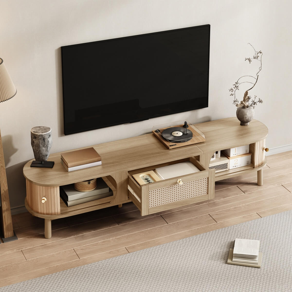 Rattan TV Cabinet with Solid Wood Doors - Natural Rustic Storage TV Stand