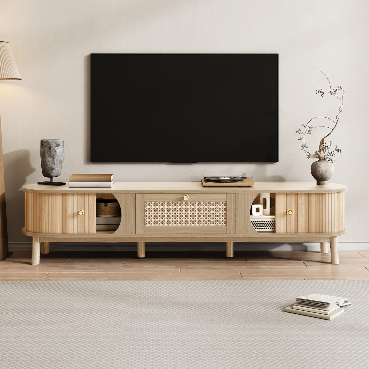 Rattan TV Cabinet with Solid Wood Doors - Natural Rustic Storage TV Stand