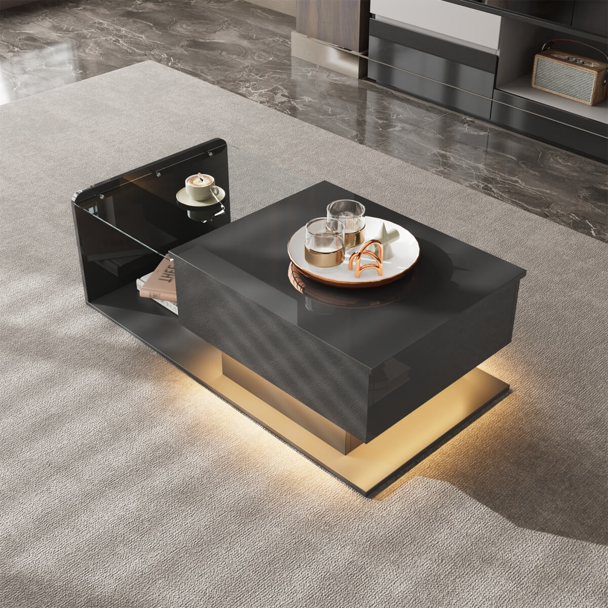 High Gloss Black Coffee Table – LED Centre Table with Glass Top for Living Room