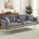 2 Seater Sofa Bed - Adjustable Backrest, Cup Holders, Convertible, Gold Accents