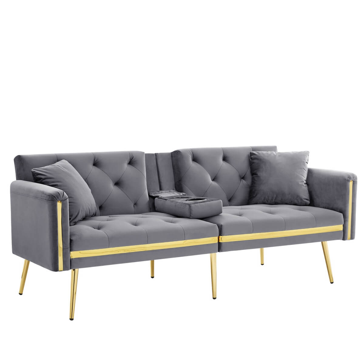 2 Seater Sofa Bed - Adjustable Backrest, Cup Holders, Convertible, Gold Accents