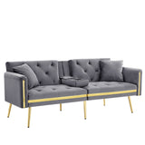 2 Seater Sofa Bed - Adjustable Backrest, Cup Holders, Convertible, Gold Accents