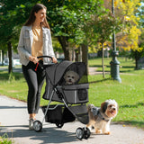 Pet Stroller with Zipper, 3 Wheel Removable & Washable Bottom Pad, Charcoal Grey