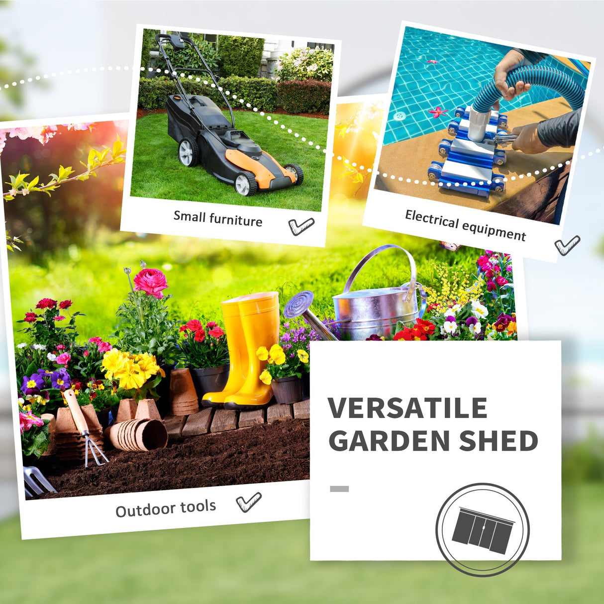 Garden Metal Tool Storage Shed with Sliding Door, Sloped Roof and Floor Foundation, Green