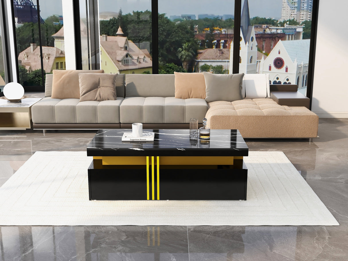 Modern Black Rectangular Coffee Table with Marble Pattern (Triamine Board) Top and 2 Wooden Drawers, Particle Board