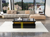 Modern Black Rectangular Coffee Table with Marble Pattern (Triamine Board) Top and 2 Wooden Drawers, Particle Board