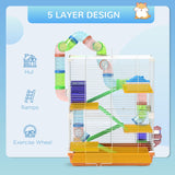 Hamster Cage, 5 Tier Habitat w/ Exercise Wheels, Tunnel, Orange