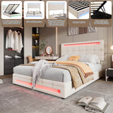 4ft6 Double Velvet Hydraulic Storage Bed with LED Lights - Upholstered Bed Frame, Beige