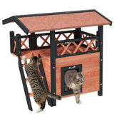 Cat House Outdoor with Balcony Stairs Roof, 77 x 50 x 73 cm, Brown
