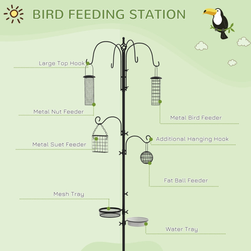 Bird Feeding Station Kit, 6 Hooks, 4 Hanging Feeders, Black