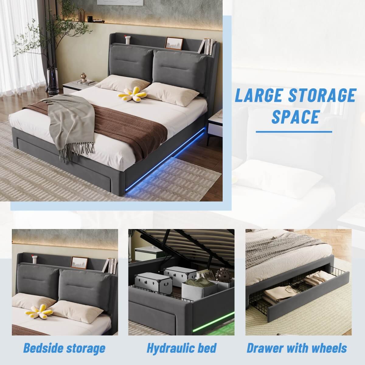 4ft6 Double Upholstered Storage Bed – Velvet Hydraulic Bed with End Drawers, Recessed LED Light Strips & Slatted Frame