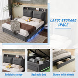 4ft6 Double Upholstered Storage Bed – Velvet Hydraulic Bed with End Drawers, Recessed LED Light Strips & Slatted Frame