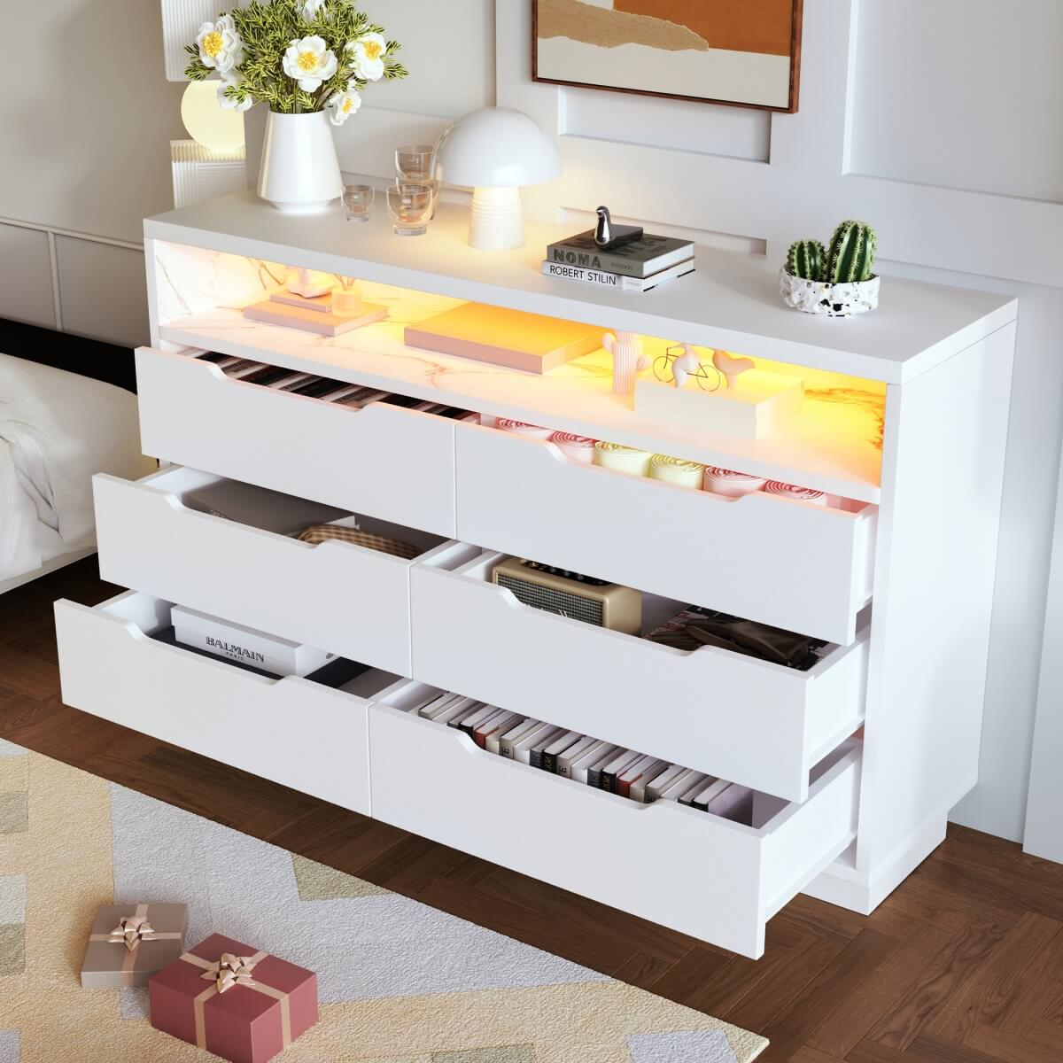 6 Drawer Chest of Drawers with RGB LED Lights - Modern Marble Effect Storage Cabinet with Shelves for Bedroom or Living Room, White