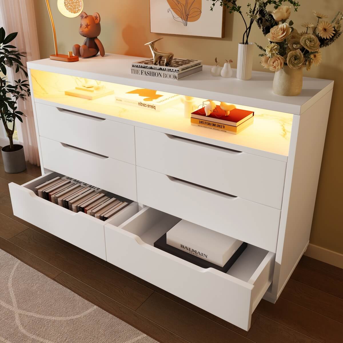 6 Drawer Chest of Drawers with RGB LED Lights - Modern Marble Effect Storage Cabinet with Shelves for Bedroom or Living Room, White