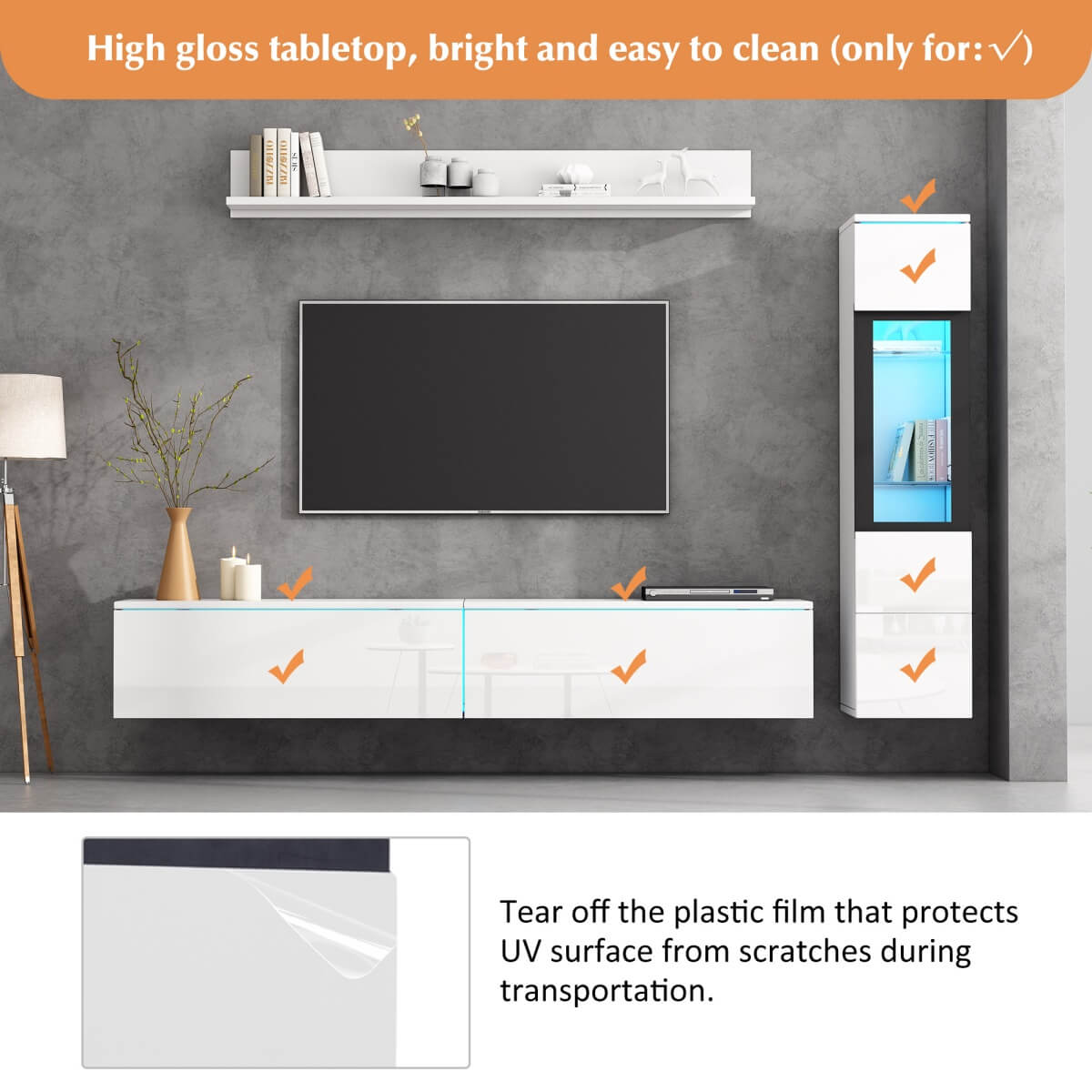 3-Piece White TV Wall Unit with LED Lights - High Gloss TV Stand, Display Cabinet and Wall Shelf for Living Room
