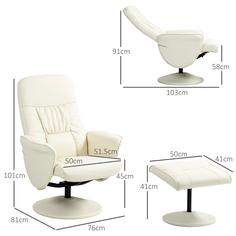 Swivel Recliner Chair with Footstool, High Back PU Leather, Cream White