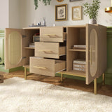 Rattan Sideboard Cabinet with 2 Doors & 3 Drawers - Wooden Storage Cupboard for Living Room, Oak