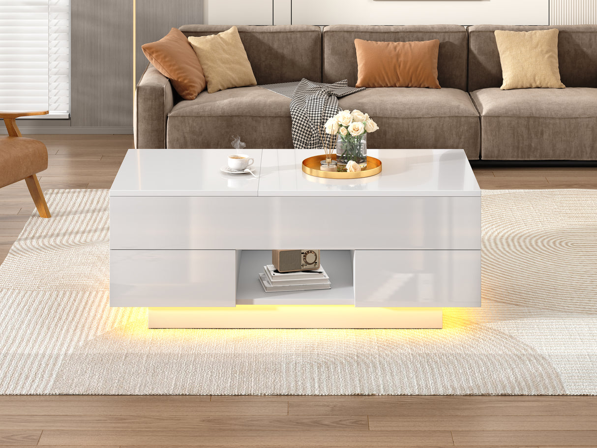 Lift-Top Coffee Table, High Gloss Centre Table with 2 drawers & LED lights, Lifting Sofa Side Table, Space-saving End Table,Tea Table,for Living Room, Office