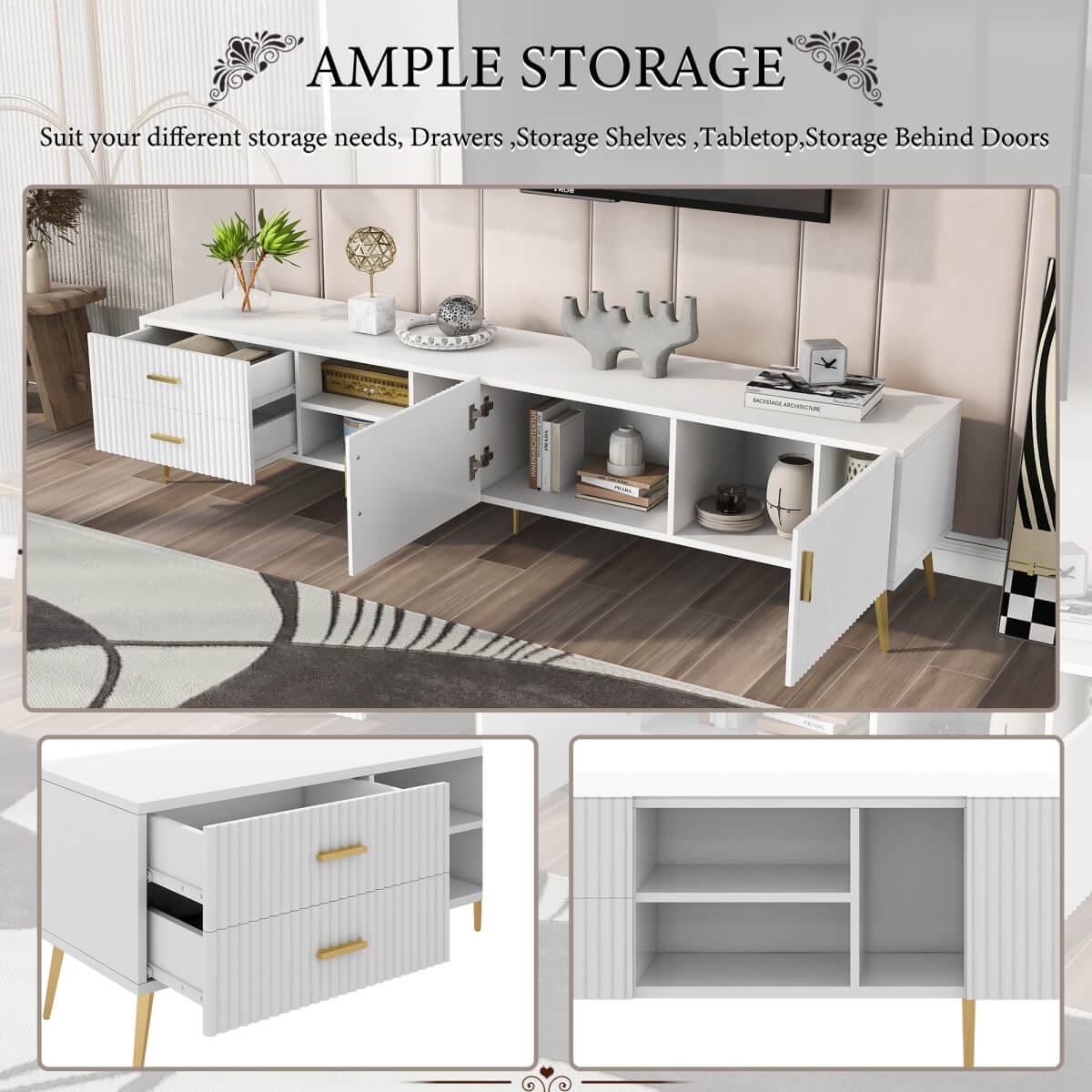 Modern White TV Stand for 75 Inch TV - TV Cabinet, Lowboard Media Console & Entertainment Center