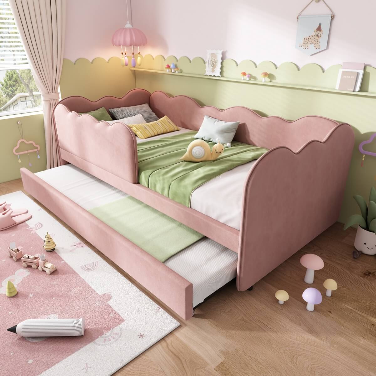 3ft Single Velvet Daybed with Pull-Out Trundle - Pink Upholstered Bed