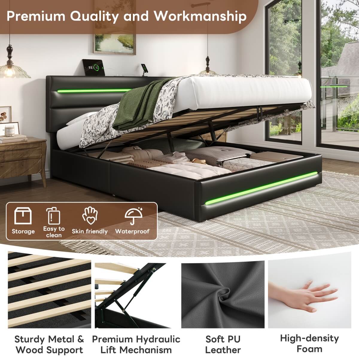 5ft King Ottoman Bed with LED Headboard - PU Upholstered Bed with Hydraulic Storage and USB & Type-C Charging