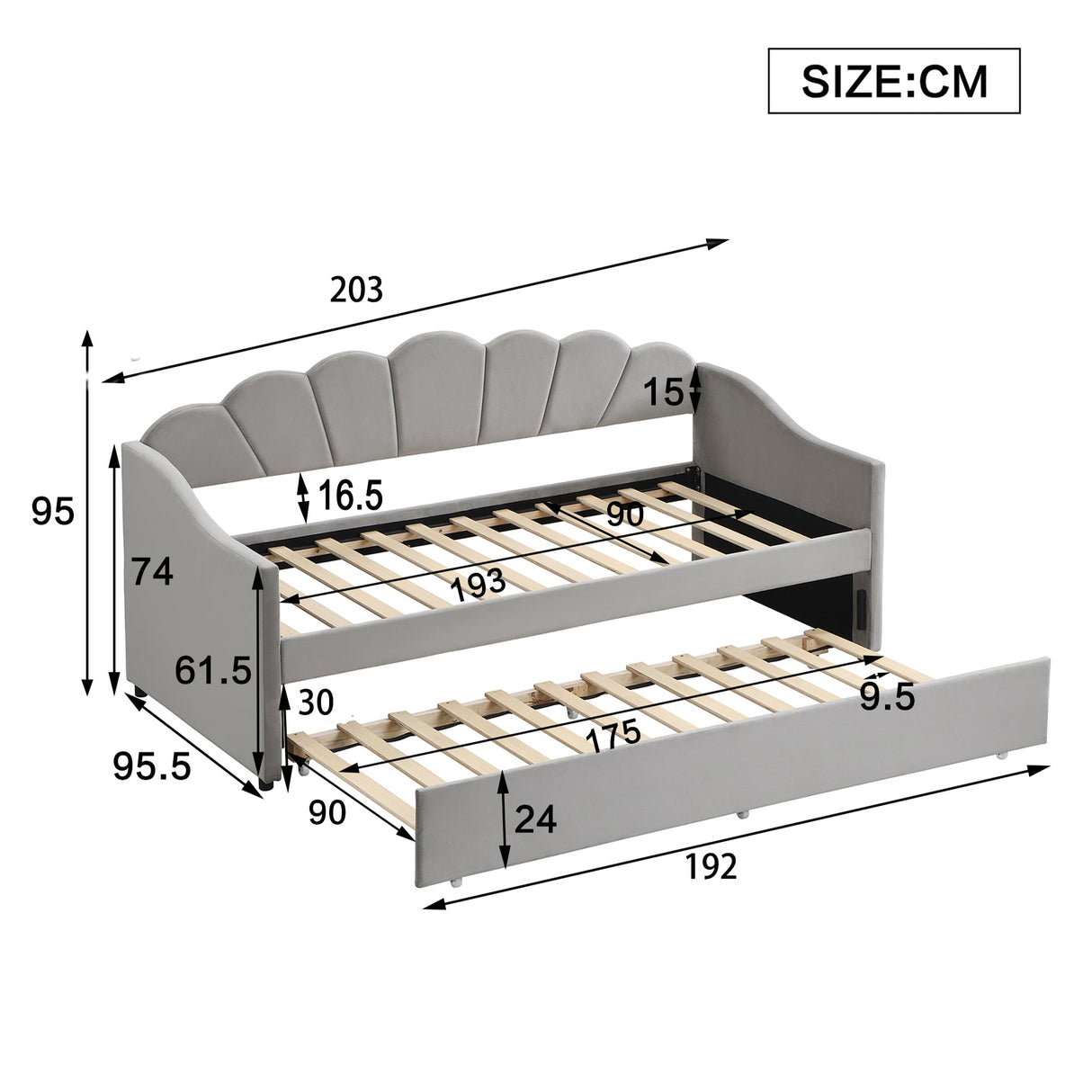 Upholstered Bed, 3FT Single with Trundle, Daybed Sofa for Adults & Teenagers, Easy Assembly, Velvet, Grey