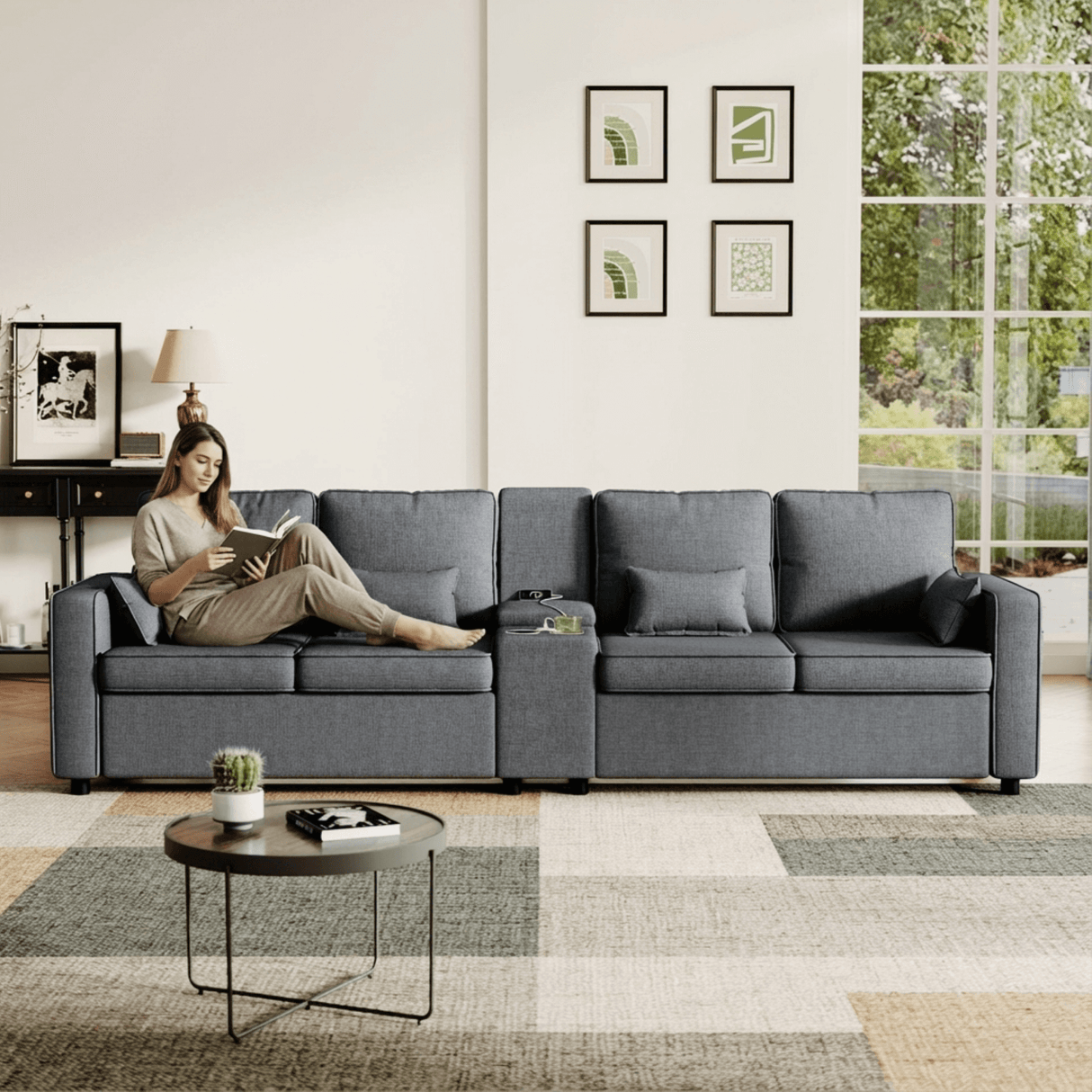 4-Seater Modern Sofa - Grey Linen, Storage Console, Cup Holders & USB/Type-C Charging