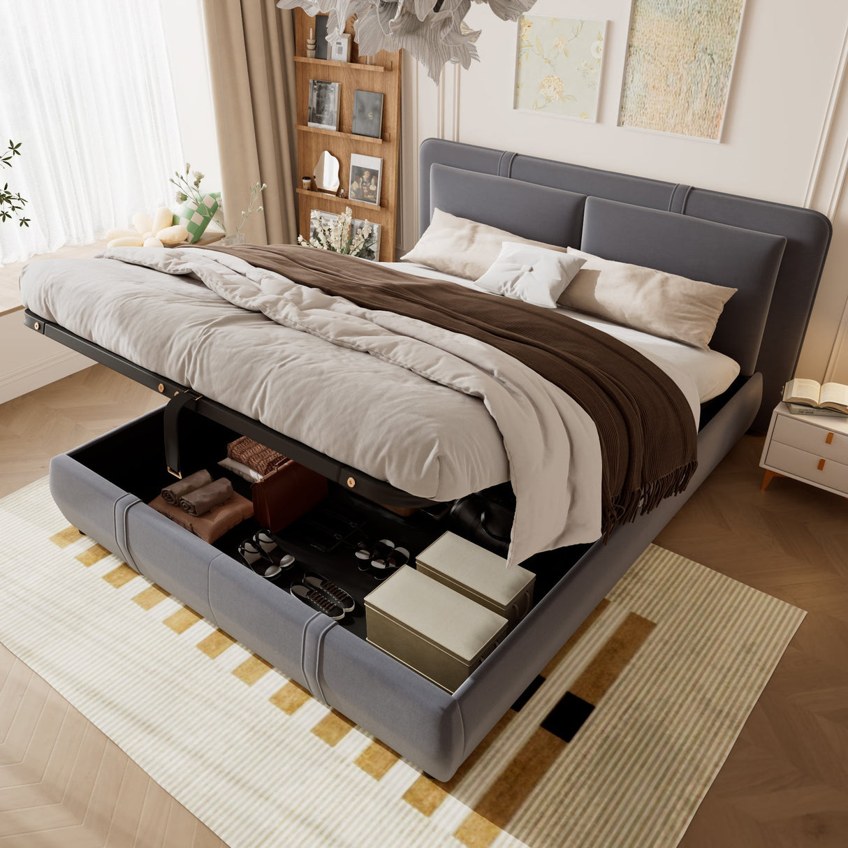 Upholstered Bed, Hydraulic Storage Function, 4ft6 Double 135x190cm, Removable Headboard, Velvet + Plywood, Grey