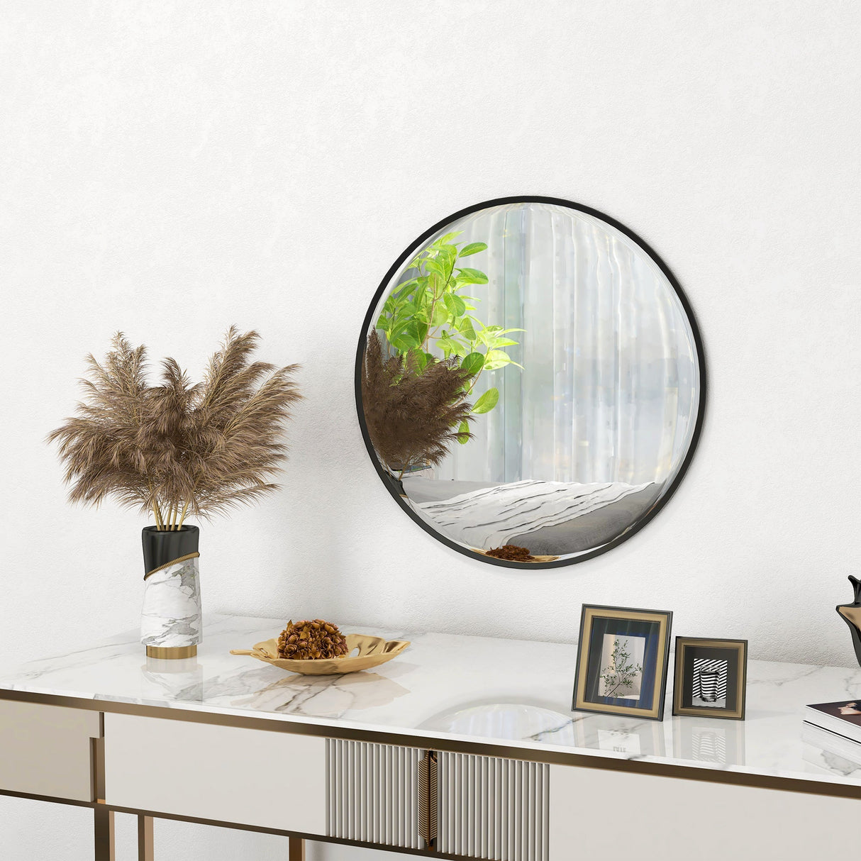 Decorative Wall Mirror 61cm Round Modern for Bedroom Living Room Bathroom, Black