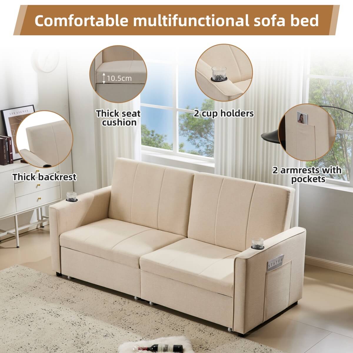 King Size Pull Out Sofa Bed - Convertible Fabric Sofa with Cup Holders and Side Pockets