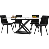 Dining Set (5-Piece) Extendable for 4 People with Black Velvet Chairs and White Marble Table