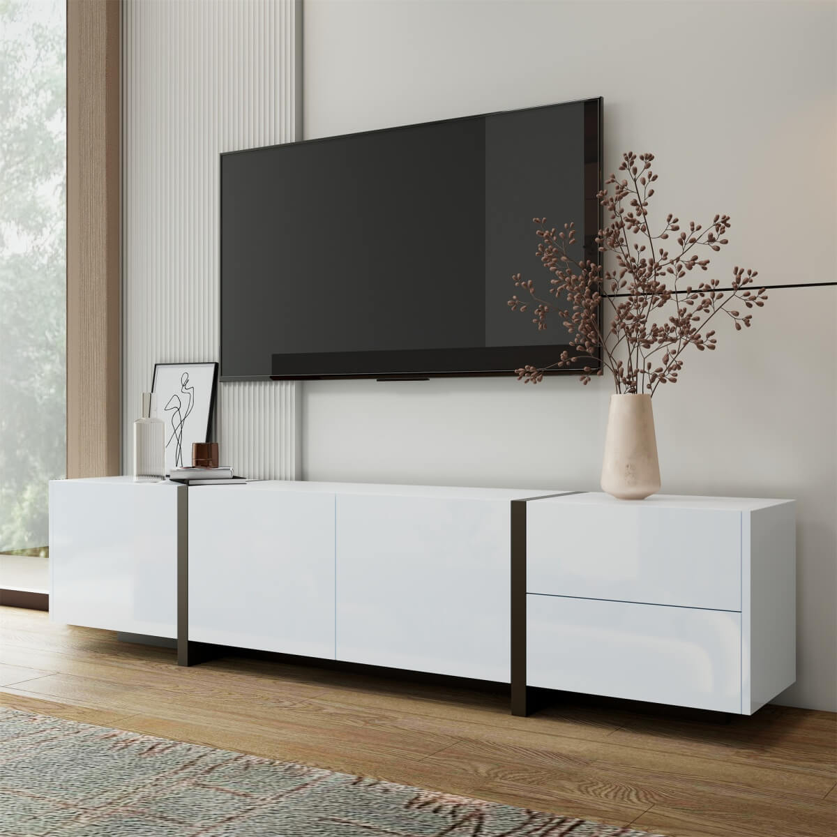 White High-Gloss TV Cabinet - Black Legs with Storage Doors & Drawers