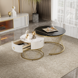 Elegant nesting Coffee Table: Marble Look, Gold Decor, Side Table with Drawers - Set of 2