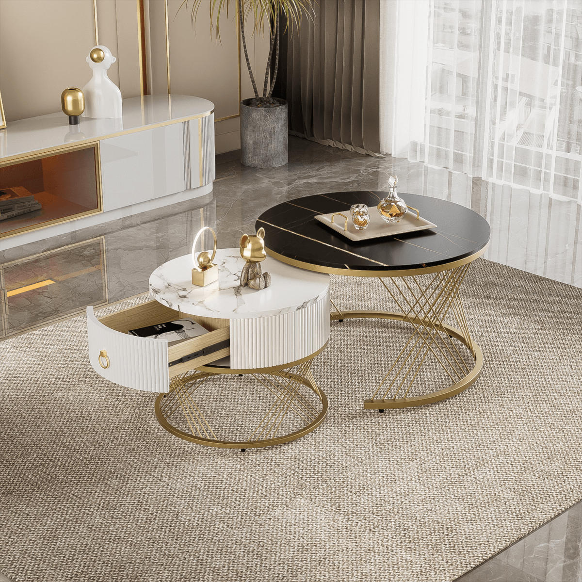 Nesting Coffee Table Set of 2 with Drawers - Marble Effect Tables with Gold Frame