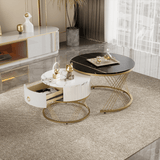 Nesting Coffee Table Set of 2 with Drawers - Marble Effect Tables with Gold Frame