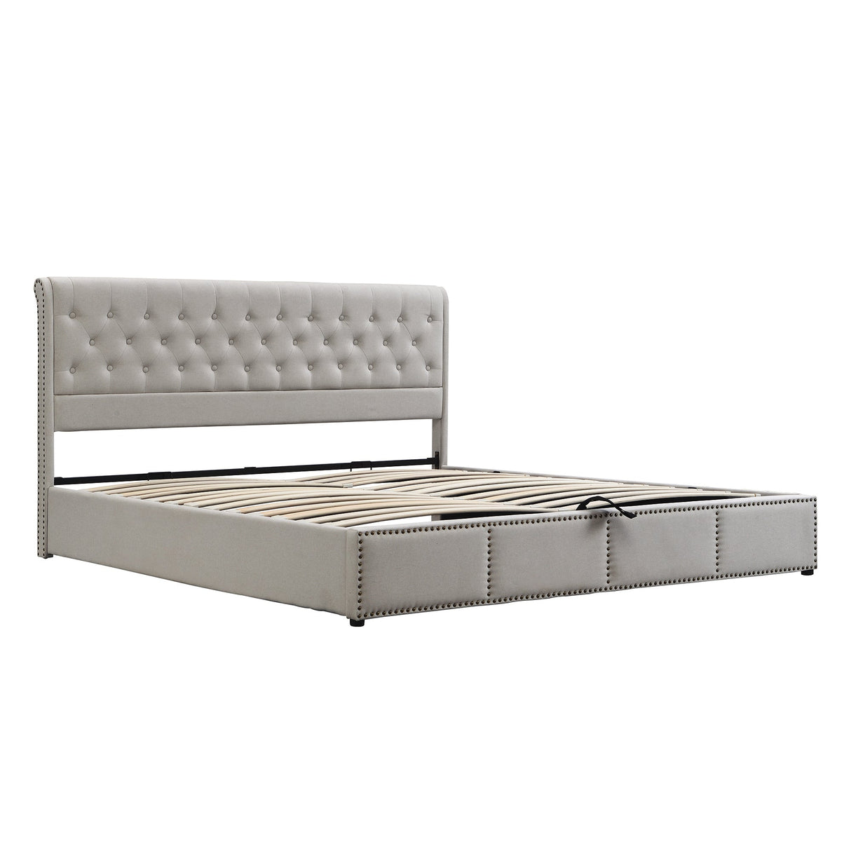 Upholstered Double Bed with Hydraulic Lift & Storage, Rivet Decoration, Velvet Light Grey