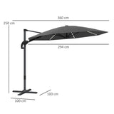 Cantilever Garden Parasol, Solar Powered Lights, Crank Handle, Cross Base, UPF 50+, 360?? Rotation, Dark Grey