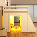 3ft Single Low Loft Bed with LED Light, Wooden Bed Frame with Stairs, Bookcase, Storage Shelf and Under-bed Play Space, Modern Bed with Safety Guardrail, Saving-space Design, White (No Mattress)