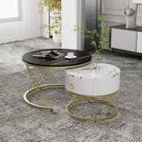 Elegant nesting Coffee Table: Marble Look, Gold Decor, Side Table with Drawers - Set of 2