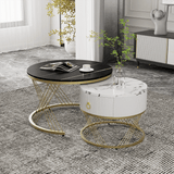 Nesting Coffee Table Set of 2 with Drawers - Marble Effect Tables with Gold Frame