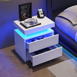 Nightstand LED Bedside Table Cabinet Lights Modern End Side with 2 Drawers for Bedroom (White)