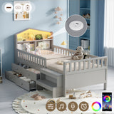 3ft Single Wooden Bed Frame, LED Lighting, Headboard Storage & Drawers, USB Charging Port, Safety Rails & Step Stool, Easy Assembly, Grey (No Mattress)