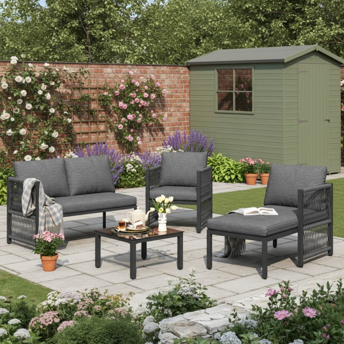 4-5 Seater Garden Sofa Set - Outdoor Patio Corner Furniture with Tempered Glass Coffee Table