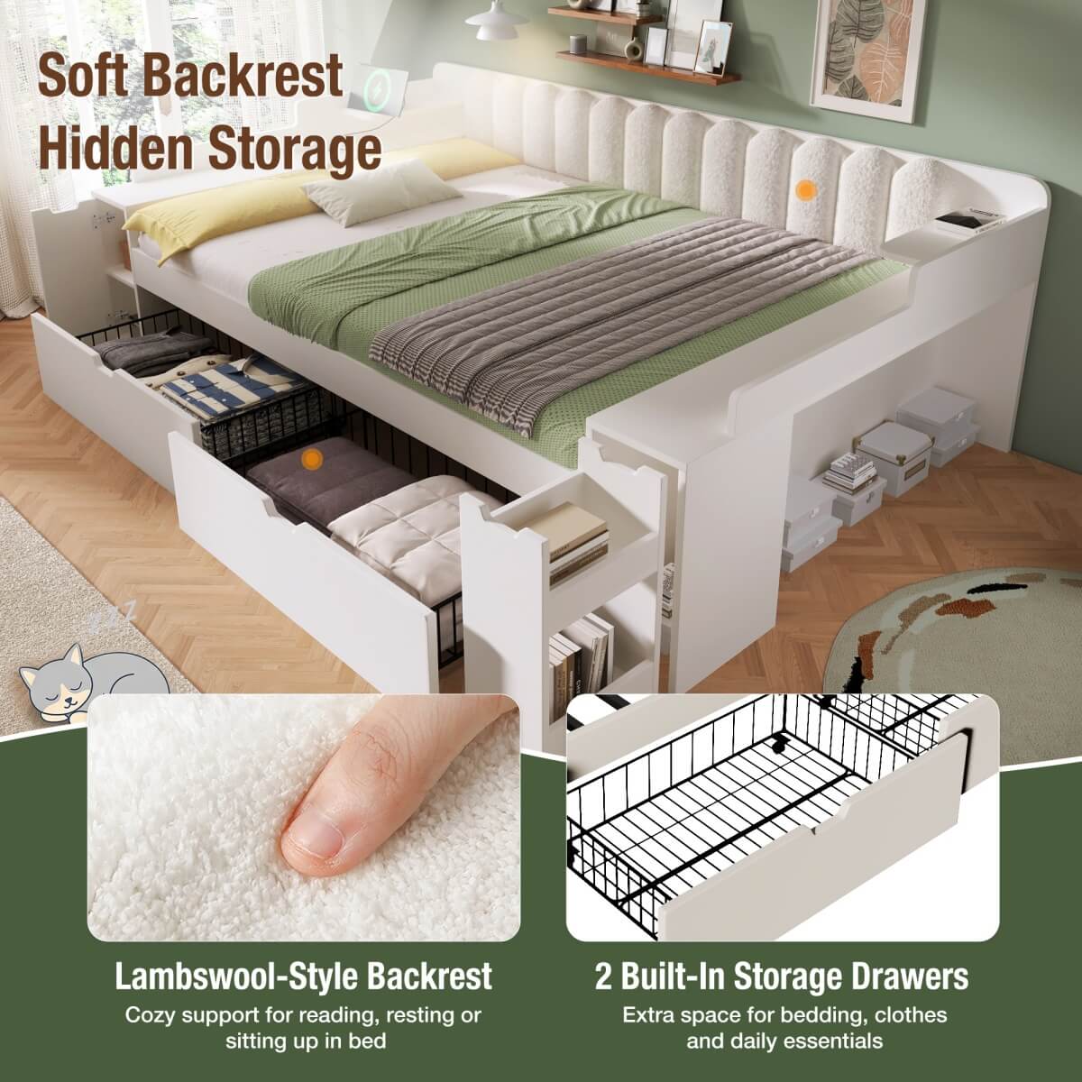 4ft6 Double Wooden Daybed with Side Storage Cabinet - Multifunctional Sofa Bed with USB and Type-C Charging Station, White