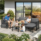 4-5 Seater Garden Sofa Set - Outdoor Patio Corner Furniture with Tempered Glass Coffee Table